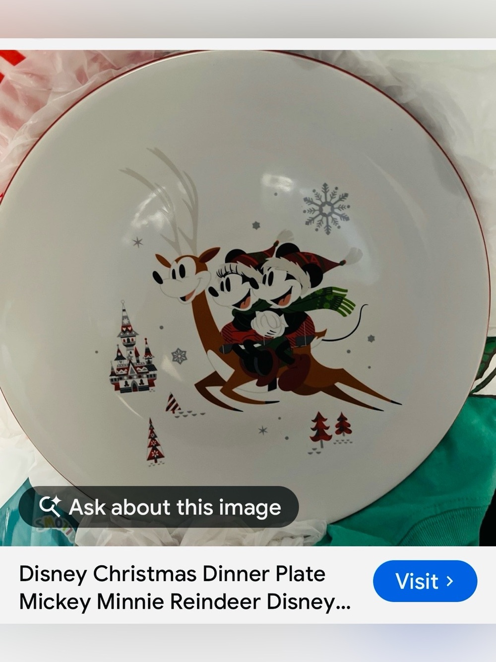 #3208**Disney Holiday Dinner Plate - Mickey & Minnie Reindeer Design (White/Red)
